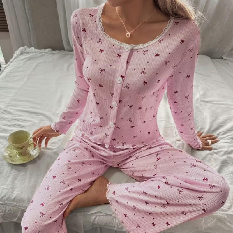 Lace-trimmed Single-breasted Printed Loungewear Two-piece Set For Women