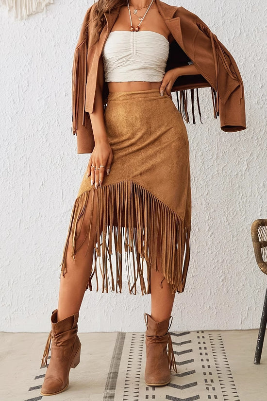 Women's Tassel Edge Asymmetrical Hem Solid Color Skirt - Dana Fashion