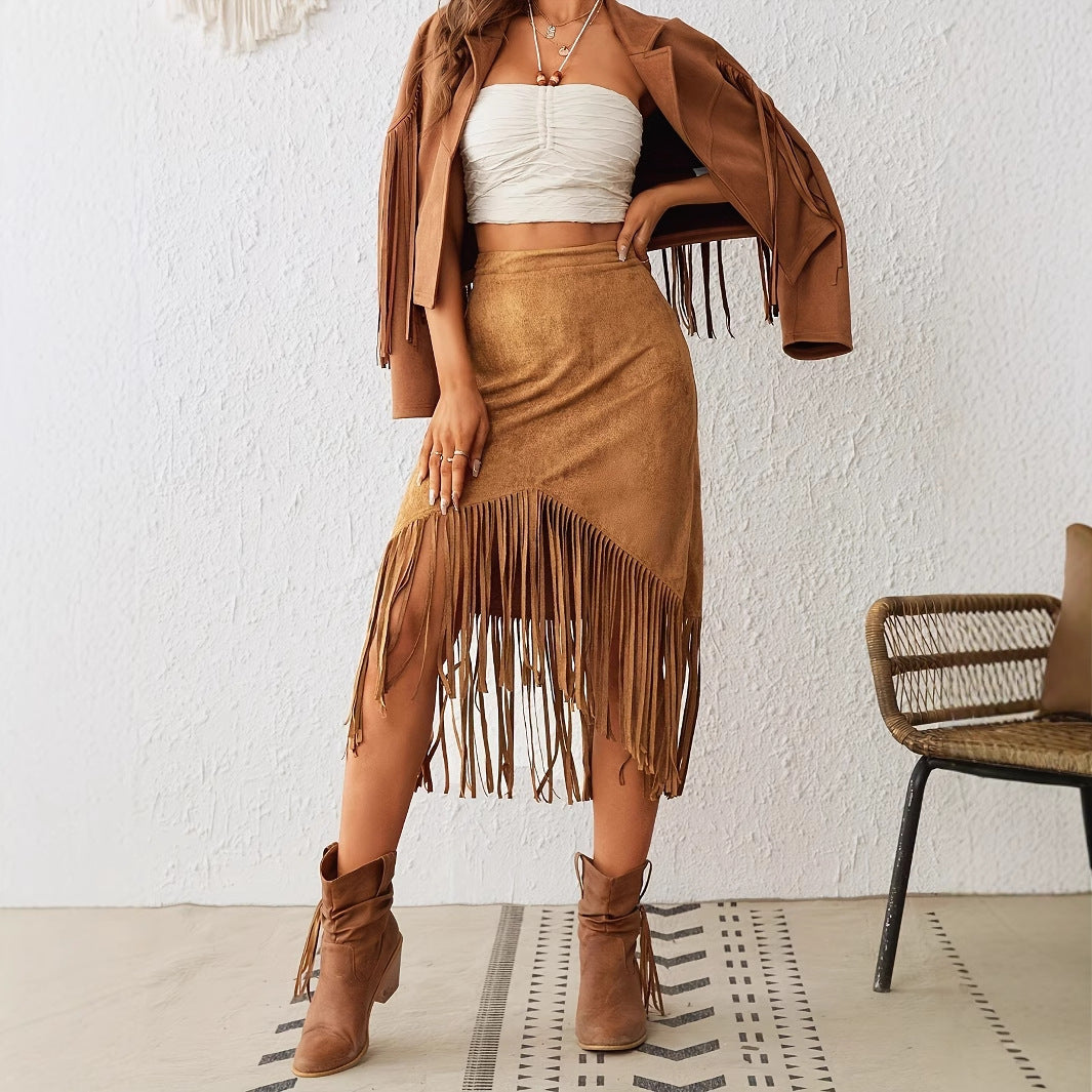 Women's Tassel Edge Asymmetrical Hem Solid Color Skirt - Dana Fashion