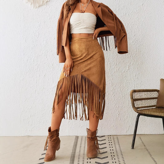 Women's Tassel Edge Asymmetrical Hem Solid Color Skirt - Dana Fashion