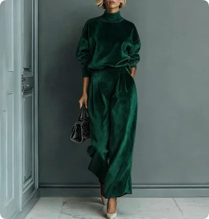 Casual Warm Velour Long-sleeved Solid Color High-neck Zipper Wide-leg Sportswear - DanaFashionstore