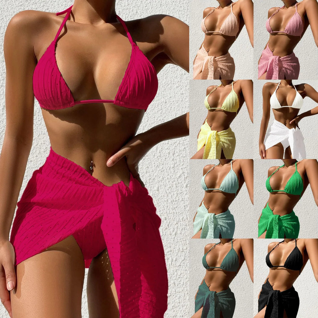 3pcs Halterneck Swimsuit Set Beach Solid Color Sexy Backless Bikini With Mesh Skirt Summer Womens Clothing - DanaFashionstore