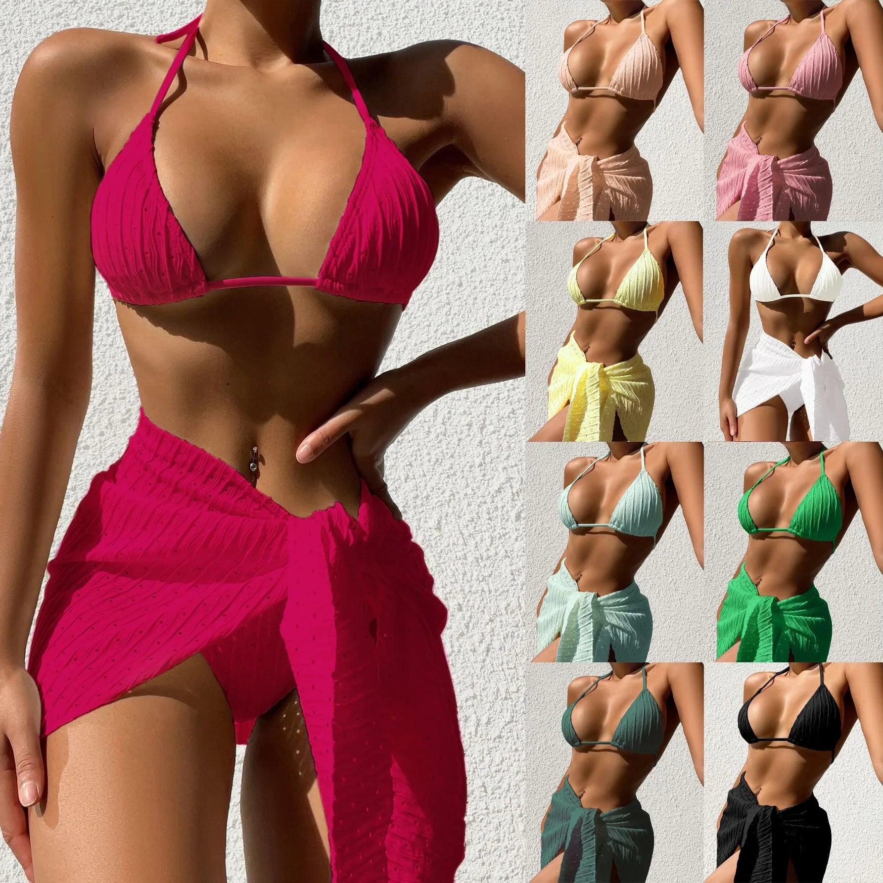 3pcs Halterneck Swimsuit Set Beach Solid Color Sexy Backless Bikini With Mesh Skirt Summer Womens Clothing - DanaFashionstore
