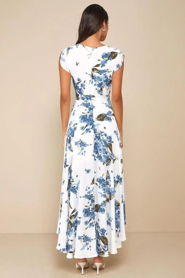 Women's Short-sleeved V-neck Digital Printing Irregular Front Short Back Length Dress