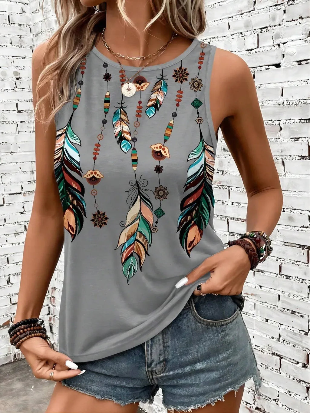 Women's Feather Print Vest Summer Print - DanaFashionstore