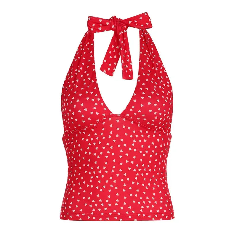 Printed Halter Strap Vest Girl Deep V-neck Strap Top - DanaFashionstore