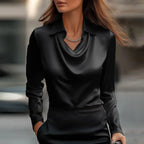 Women's Swing Collar Draped Shirts & Blouses Elegant Solid Satin Office Ladies Top Pullover Spring Long Sleeve Casual Tops - DanaFashionstore
