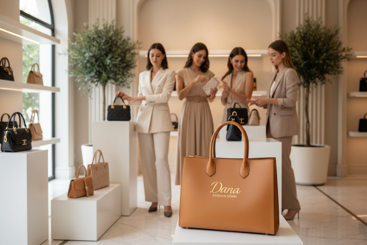 عاوز صوره لكاتلوج شنط تخلي اي حد يعرف ان القسم ده قسم لشنط بس تكون صور احترافيه وفي بنات بيتسوقو في الصوره وكمان يكون في علي احد الشنط اسم متجر دانه للازياء بالانجليزي 