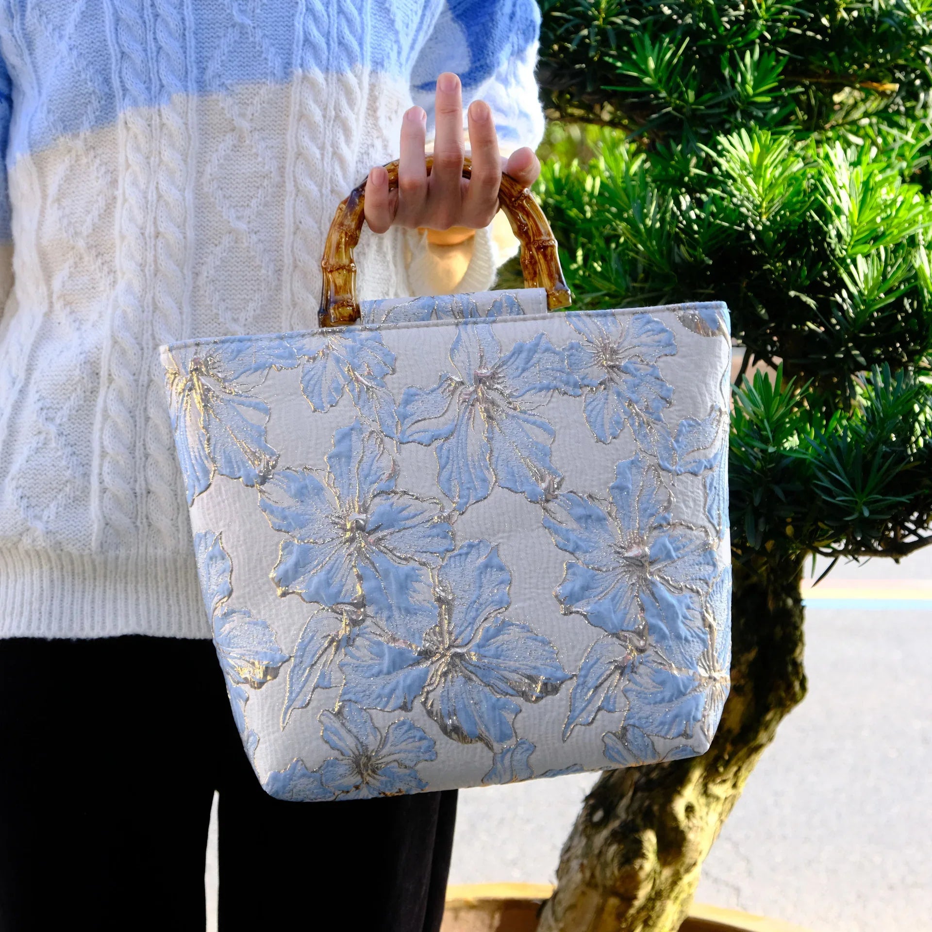 Women's Light Blue Bronzing Flower Canvas Bag - DanaFashionstore