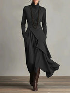 Women's Solid Color Cross-sleeve High-neck Dress - DanaFashionstore