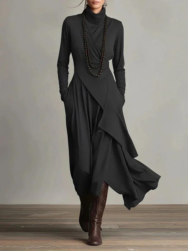 Women's Solid Color Cross-sleeve High-neck Dress - DanaFashionstore