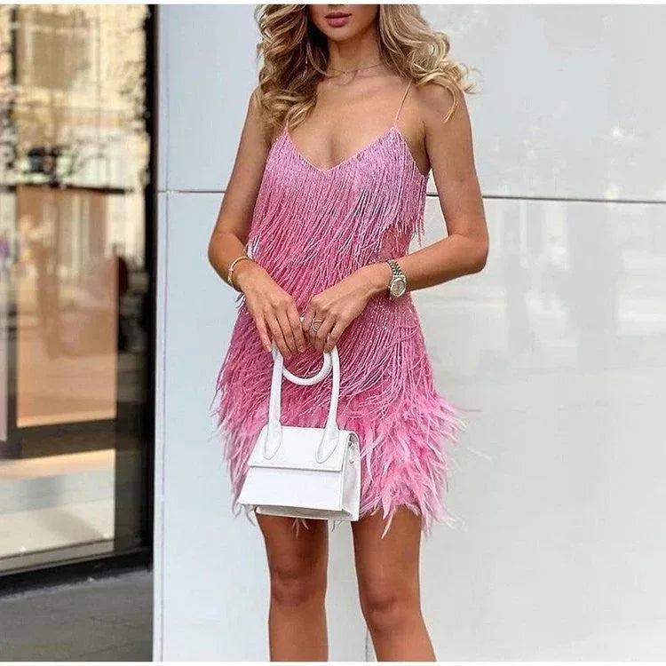 Sexy Tassel Sequins Feather Summer Mini Dress Women V Neck Spaghetti Strap Stitching Dresses Female Elegant Evening Party Club Dress - DanaFashionstore