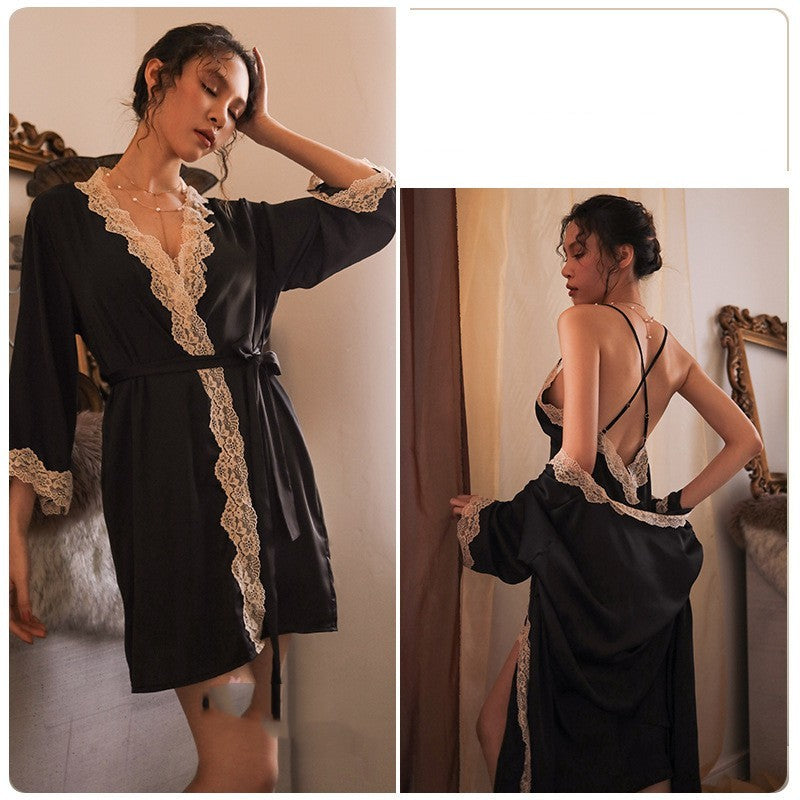 Suspended Nightgown Women's Ice Silk Temptation Lace Pajama Bathrobe Set - Dana Fashion