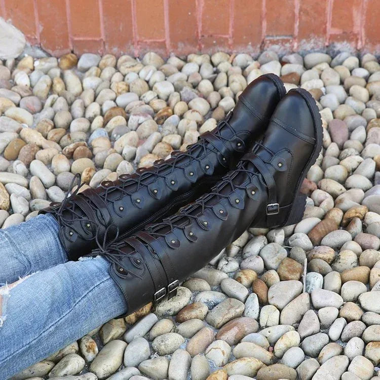 Explosive Style Round Toe Mid-heel Lace-up Over-the-knee Boots - DanaFashionstore