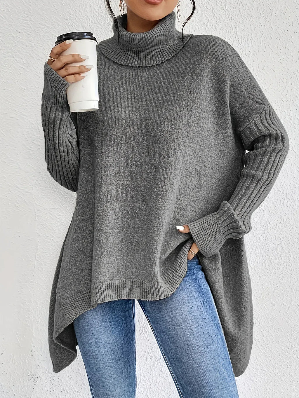 Irregular Turtleneck Sweater Winter Loose Long Sleeve Knitted Tops Leisure Warm Pullover Sweater Women's Clothing - DanaFashionstore