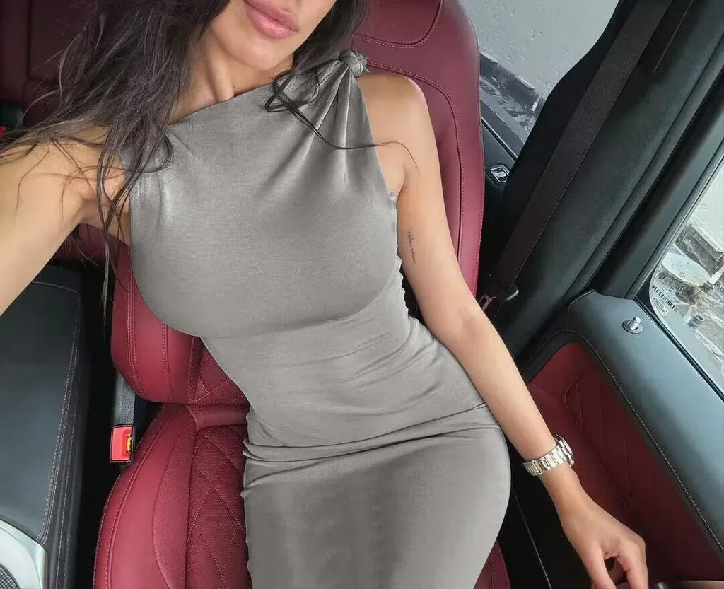 One-shoulder Ribbon Long Dress Ins Fashion Slim Sleeveless Dresses For Evening Party Club Clothing Women - DanaFashionstore