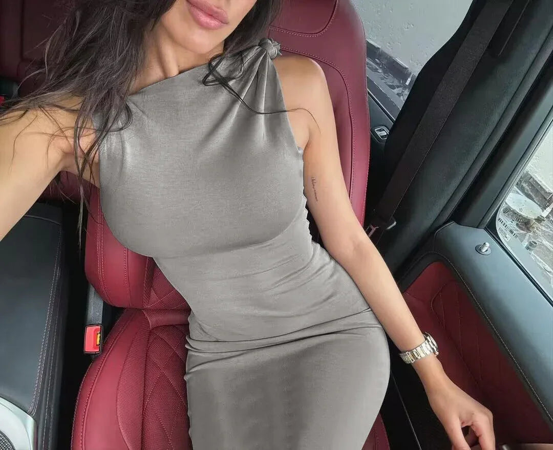 One-shoulder Ribbon Long Dress Ins Fashion Slim Sleeveless Dresses For Evening Party Club Clothing Women - DanaFashionstore