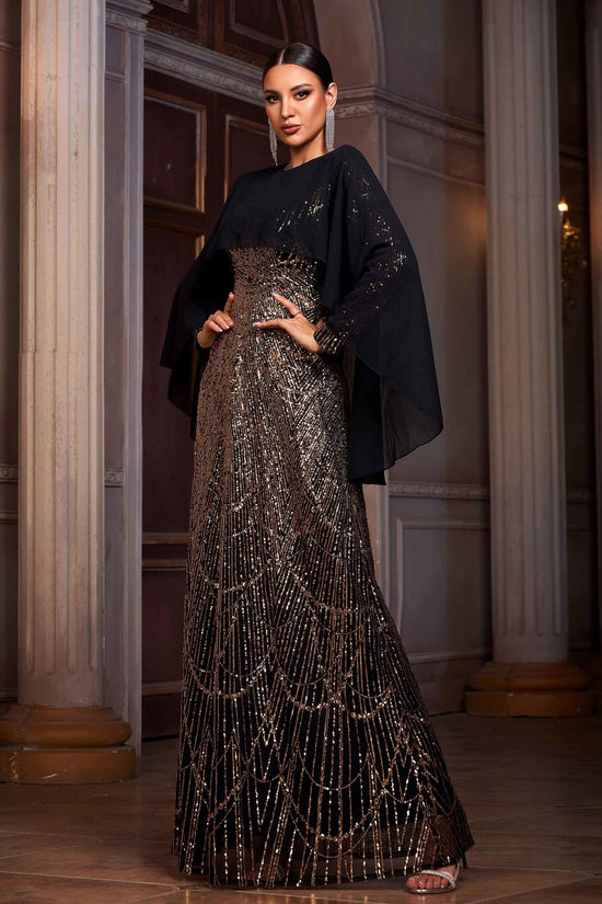 Elegant Long Sleeve Round Neck Shawl Banquet Sequined A- Line Evening Dress