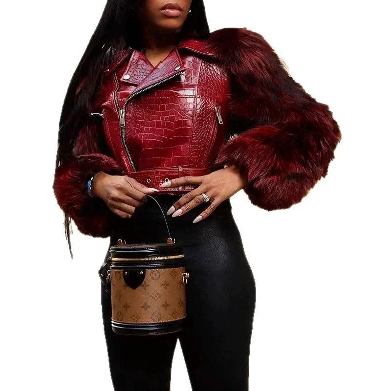 Womens Patchwork Fur Jacket A Stylish And Sexy Outerwear Piece - DanaFashionstore