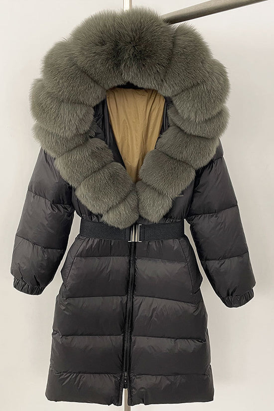 Women's Long Cinched Hoodie Real Fox Fur Collar Coat