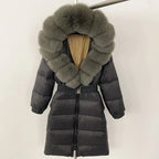 Women's Long Cinched Hoodie Real Fox Fur Collar Coat 2026 - Winter Jacket - DanaFashionstore