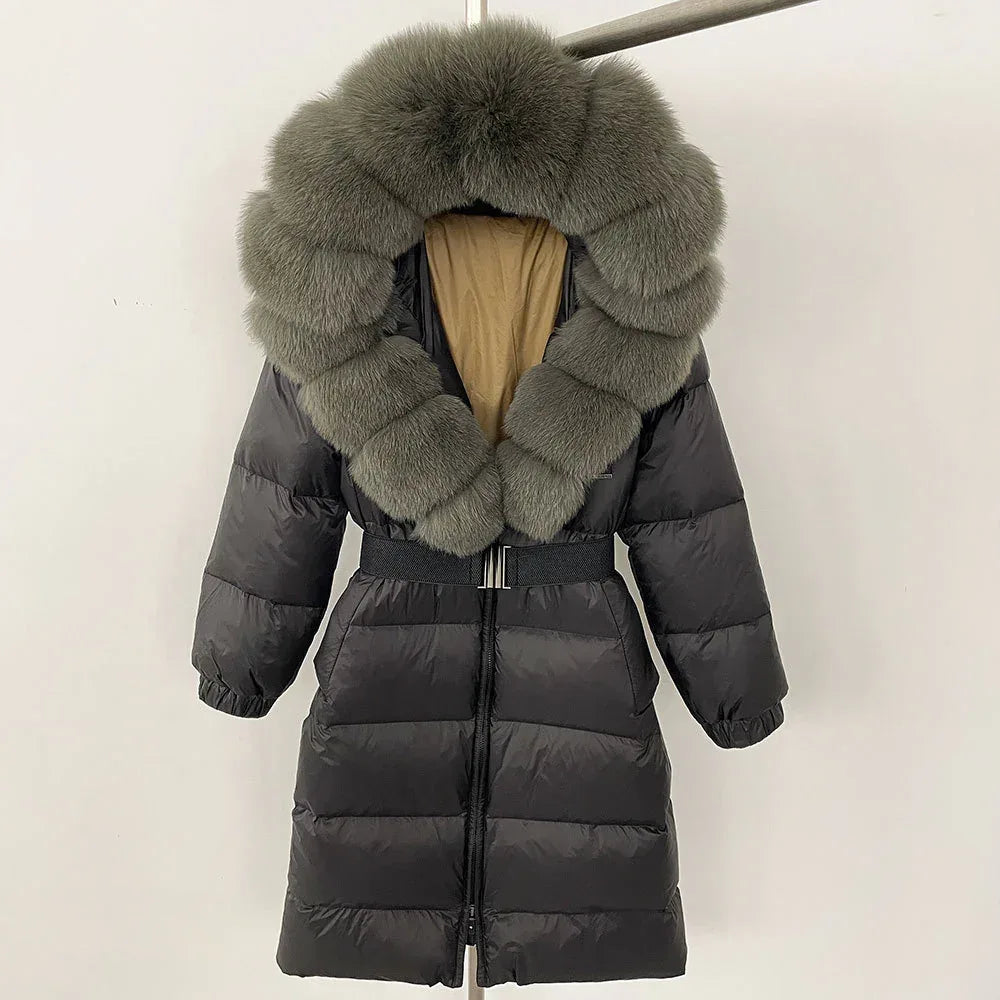 Women's Long Cinched Hoodie Real Fox Fur Collar Coat 2026 - Winter Jacket - DanaFashionstore