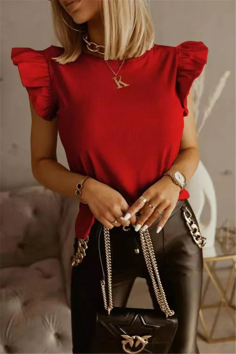 Women's Short-sleeved T-shirt With Ruffled Straps And Hollow Back In Solid Color - DanaFashionstore