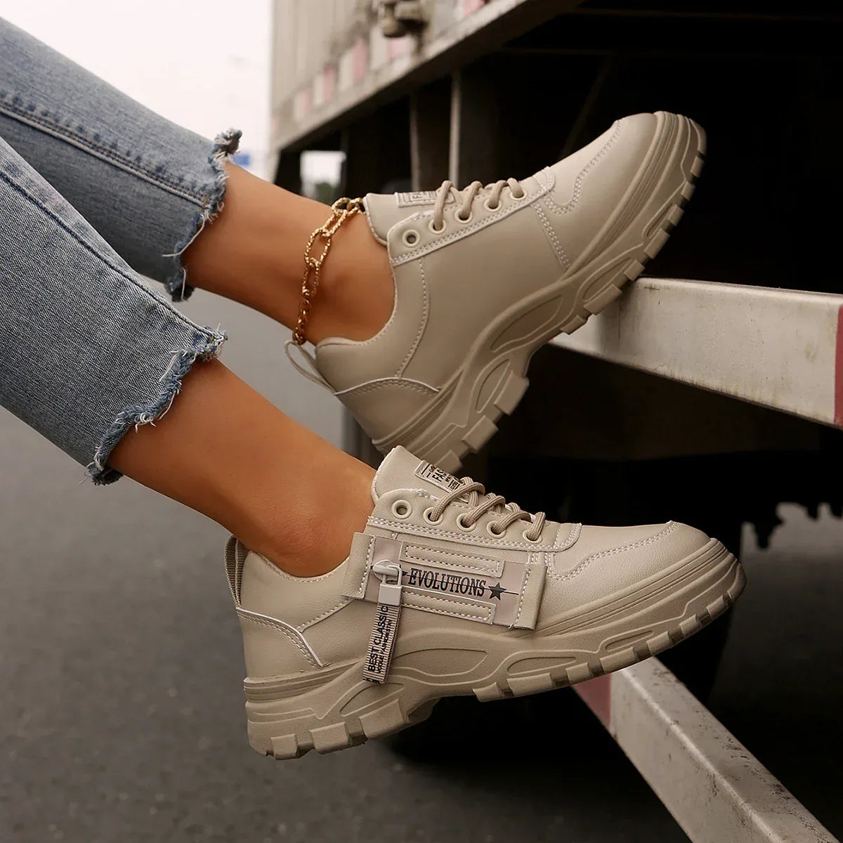 Lace-up Sports Shoes With Side-Zipper Design Fashion Thick-soled Round-toe Casual Shoes For Women Sneakers - DanaFashionstore