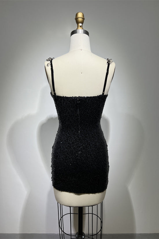 Low-cut See-through Black Paillette Strap Short Dress