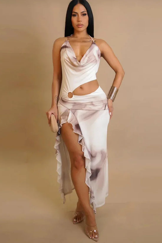 Color-blocked Off-shoulder Tie-neck Crop Print Irregular Skirt - DanaFashionstore