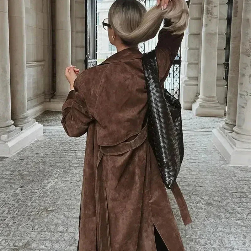 Double Breasted Lapel Shift Coat With Belt Fashion Vintage Suede Long Coat Winter Outwear Women's Clothing - DanaFashionstore