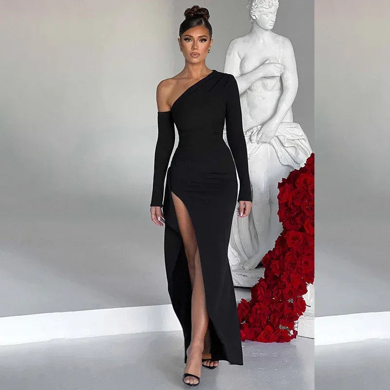 Knitted One-Shoulder Dress 2026 - Long Sleeve Split Dress - DanaFashionstore