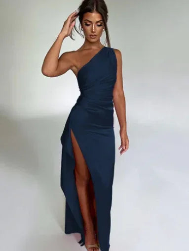 Sexy One-shoulder Backless Slit Dress Summer Elegant Slim-fit Solid Color Satin Dresses For Women - DanaFashionstore