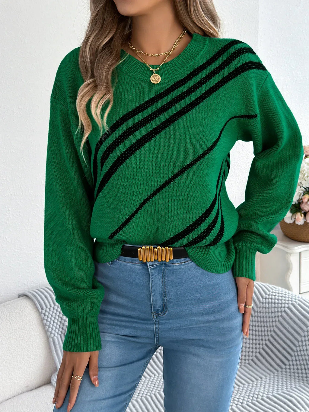 Women Casual Striped Round Neck Lantern Sleeve Long Sleeve Pullover Sweater - DanaFashionstore