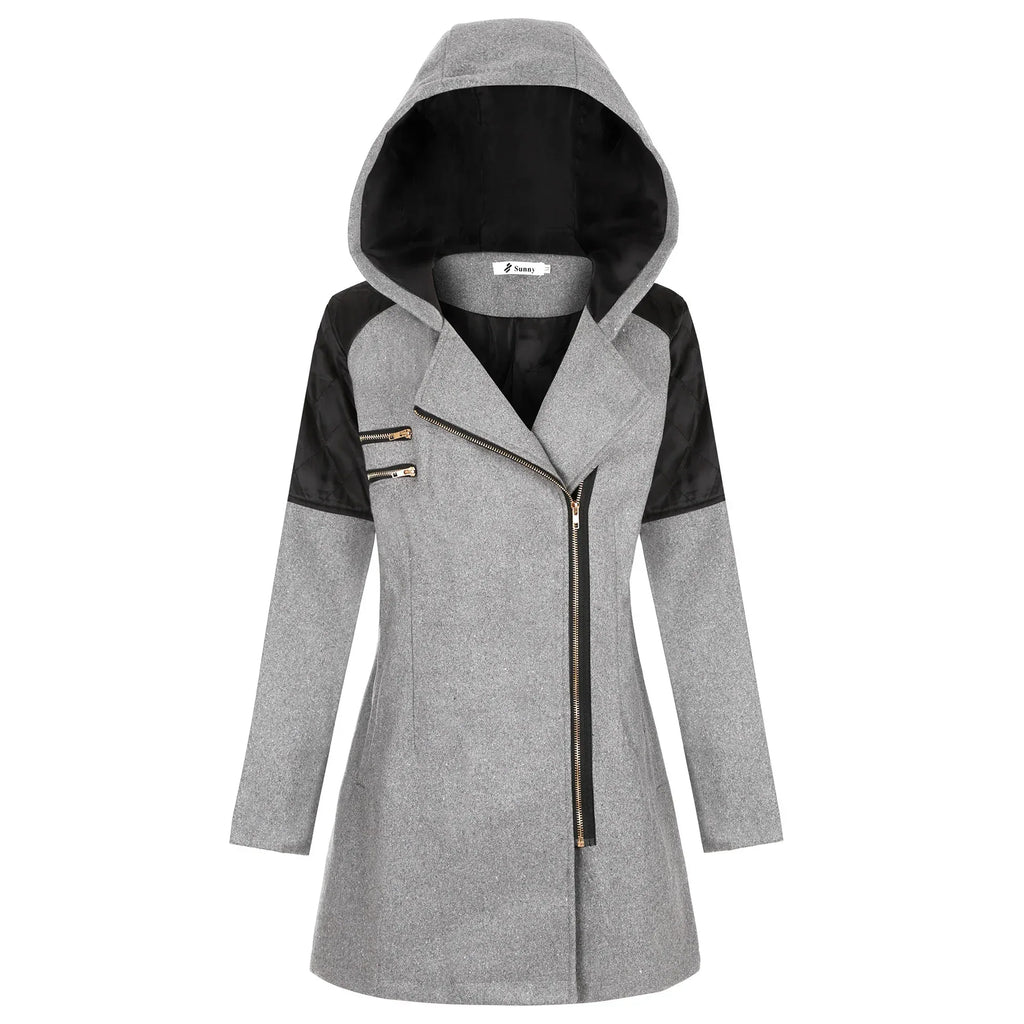Women Warm Slim Full Zipper Coat Thick Woolen Coat Female Fall Winter Windbreaker Hooded Diagonal Zipper Women's Clothing - DanaFashionstore