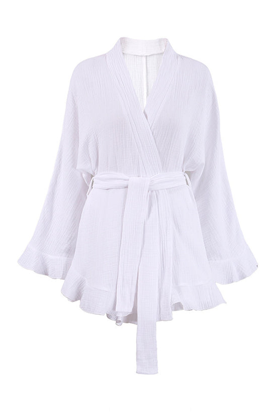 Long-sleeved Pajamas Crepe Cotton Ruffles Nightgown Shorts Suit Loose Cross-border Home Wear - Dana Fashion