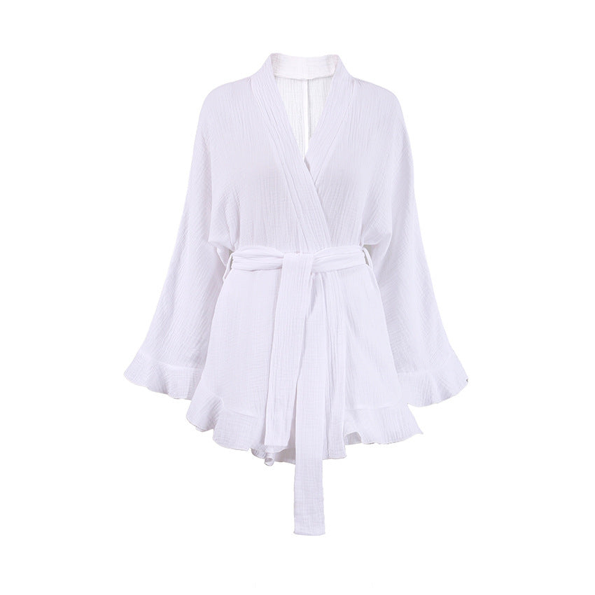 Long-sleeved Pajamas Crepe Cotton Ruffles Nightgown Shorts Suit Loose Cross-border Home Wear - Dana Fashion