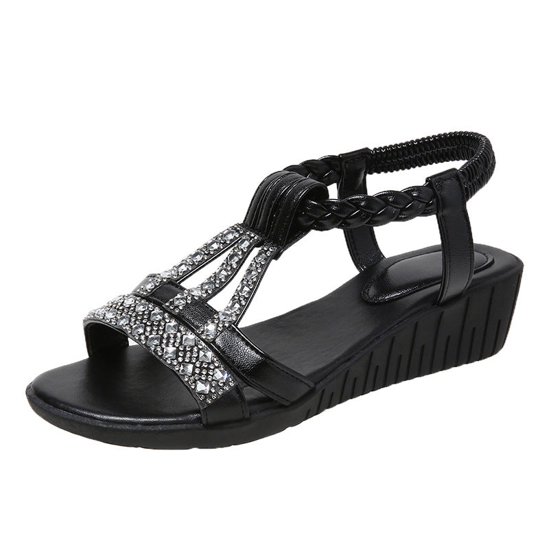 Casual Wedges Sandals With Rhinestone Summer Plus-size Peep-toe Roman Shoes