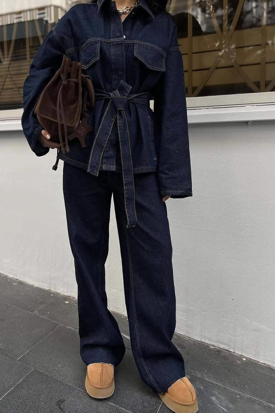 Women's Retro Waist Lace-up Waist-controlled Lapel Denim Coat Trousers Set