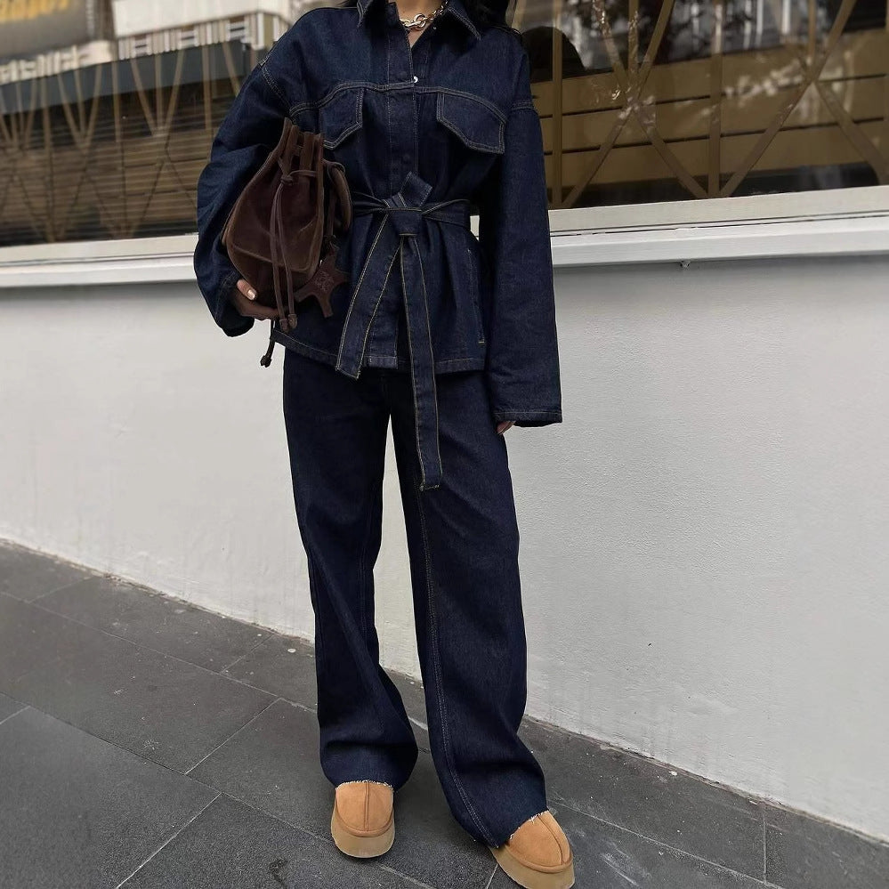 Women's Retro Waist Lace-up Waist-controlled Lapel Denim Coat Trousers Set