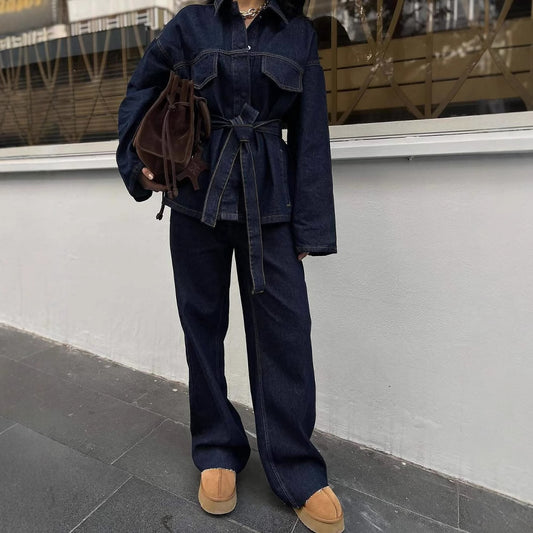 Women's Retro Waist Lace-up Waist-controlled Lapel Denim Coat Trousers Set