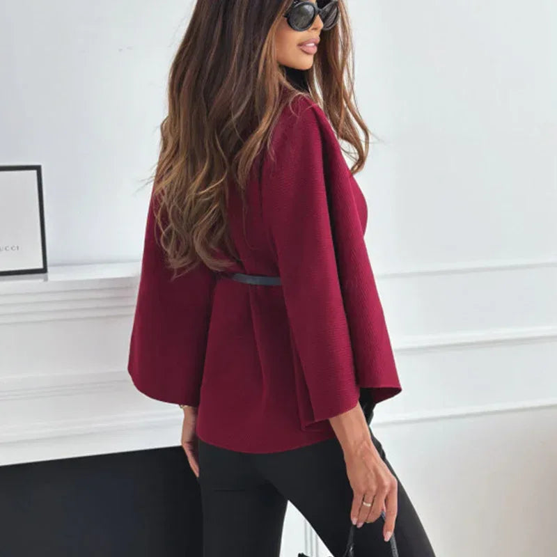 New Stand Collar Batwing Sleeves Cloak Top With Belt Ins Fashion Temperament Jacket Woolen Sweater Outwear For Women Clothing - DanaFashionstore