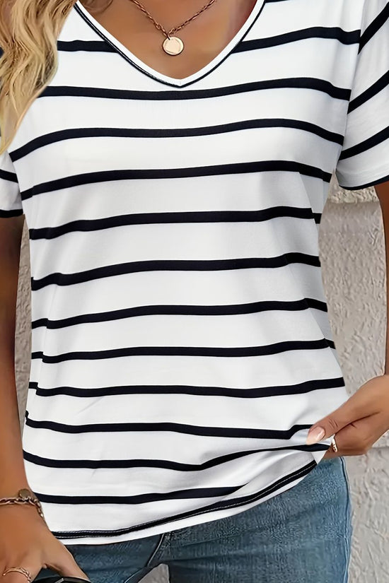 Casual Top Fashion Trend Stripes Short Sleeve Women V-neck