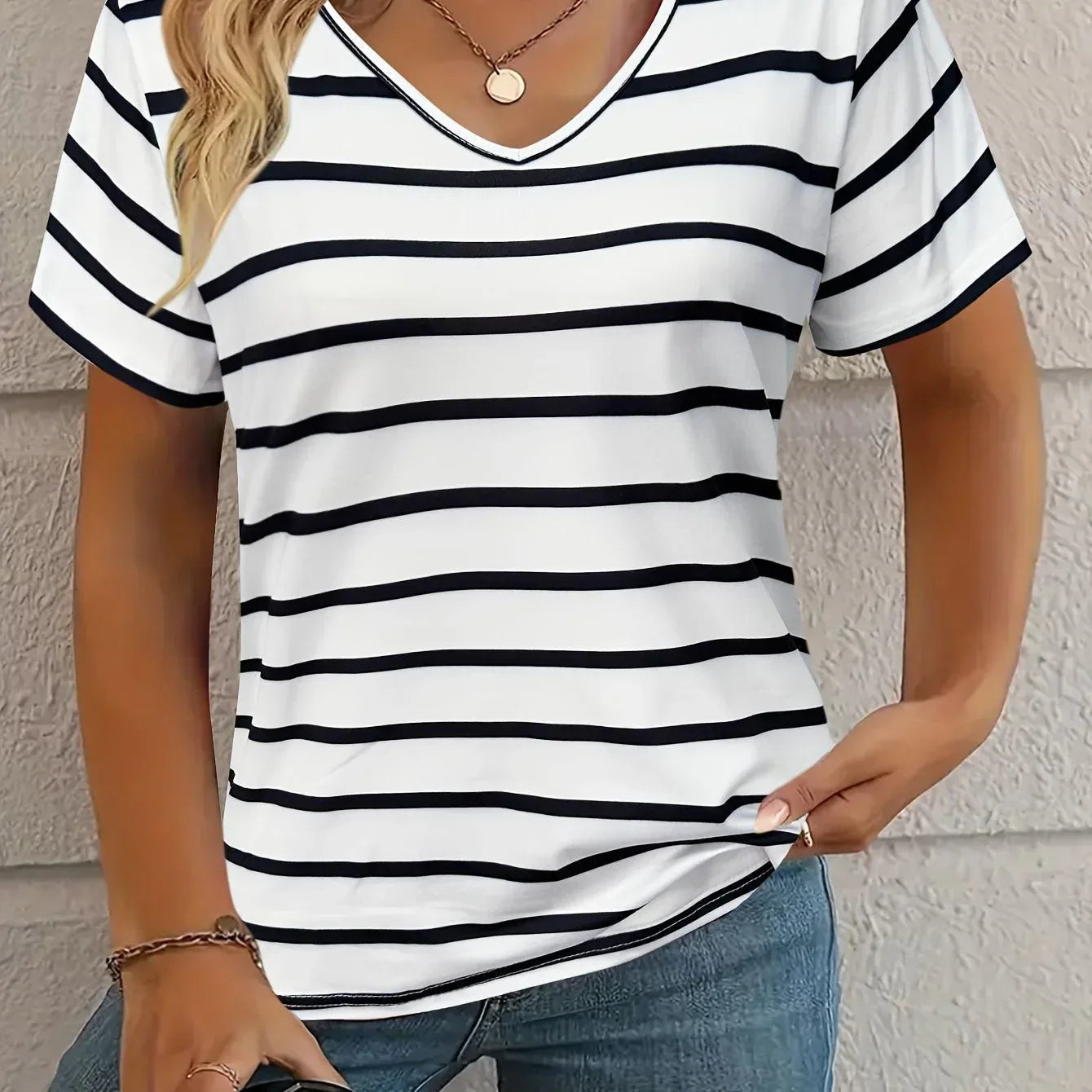 Casual Top Fashion Trend Stripes Short Sleeve Women V-neck - DanaFashionstore