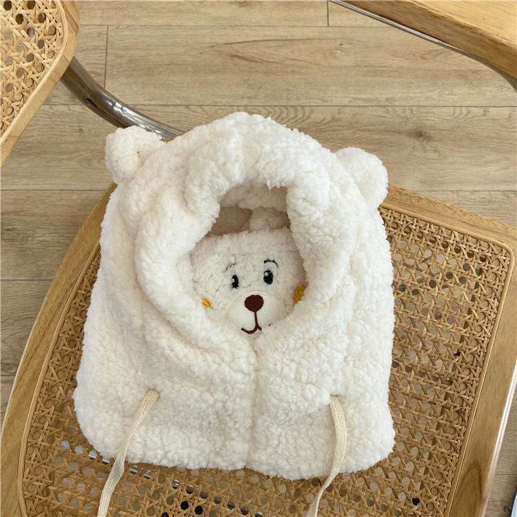Cute Bear Plush Hat Winter Warm Thickened Scarf With Mask Anf Drawstring Design - DanaFashionstore