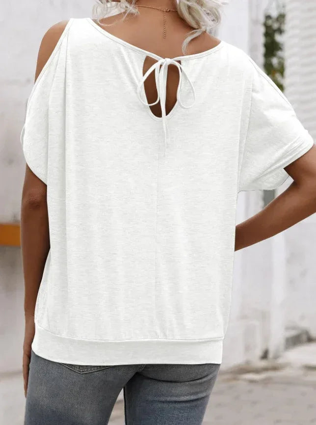 EMERY ROSE Solid Cold Shoulder Tie Back Top - DanaFashionstore