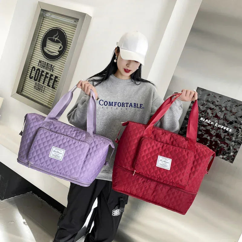 Foldable Travel Duffle Bag With Rhombus Sewing Design Large Capacity Fitness Handbag Portable Versatile Shoulder Bags Expandable Organizer - DanaFashionstore