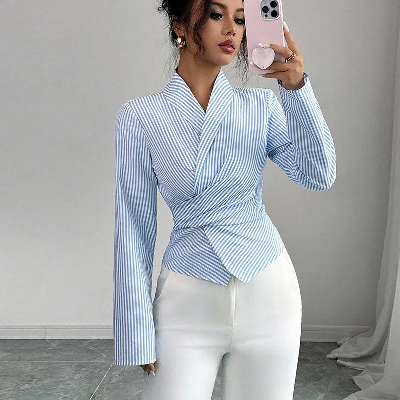 Striped Long-Sleeve Elegant Strap Women's Blouse - DanaFashionstore