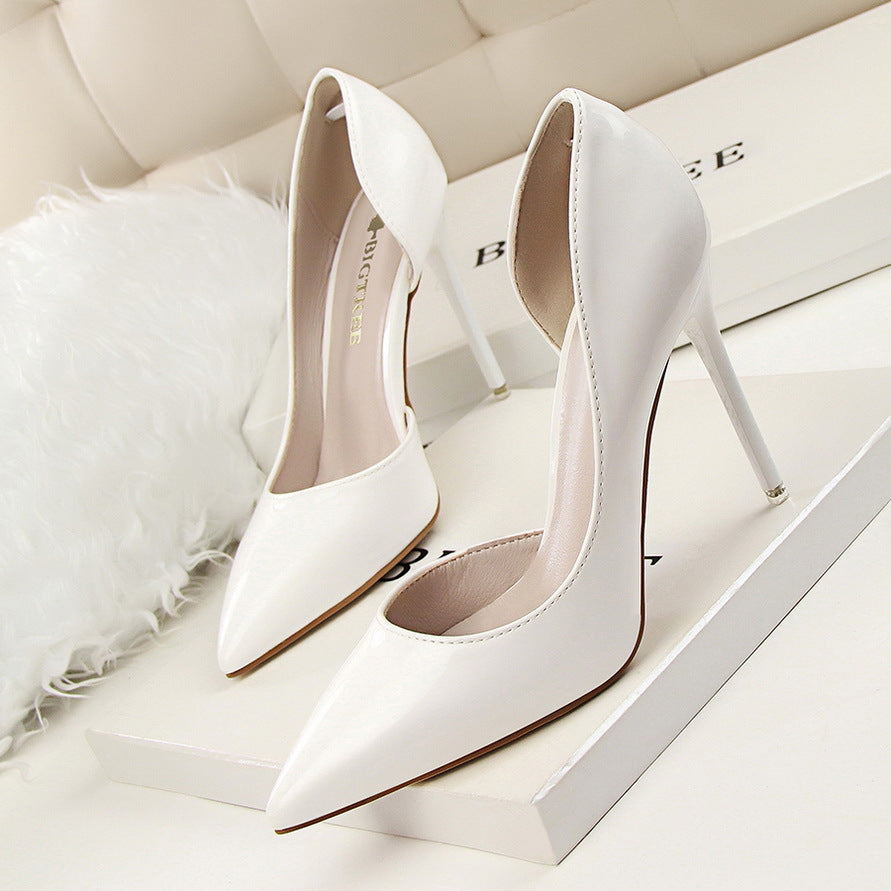 Stiletto patent leather shallow pointed high heels