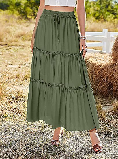 Women's Elastic High Waist A-Line Pleated Casual Maxi Dress